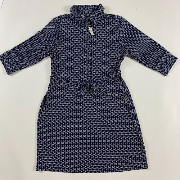 NWT Talbots Shirt Dress Womens Size 2XP Petite Blue Belted Buttons Geometric - Picture 1 of 16